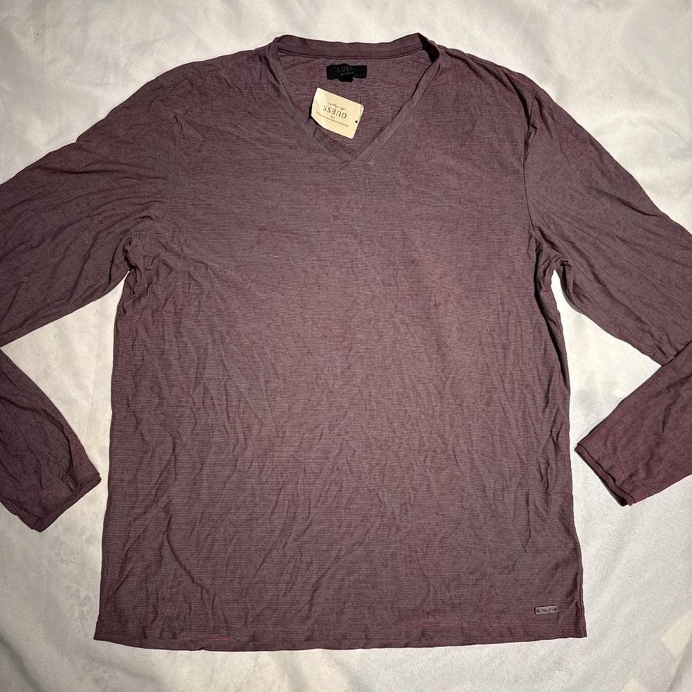 New Guess Burgundy Striped Long Sleeve Shirt V Neck XXL